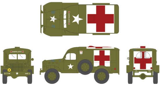Illustration showing the standard markings of a Dodge WC54 Ambulance. Please click on the above image for a high resolution view, offering comments and captions. 