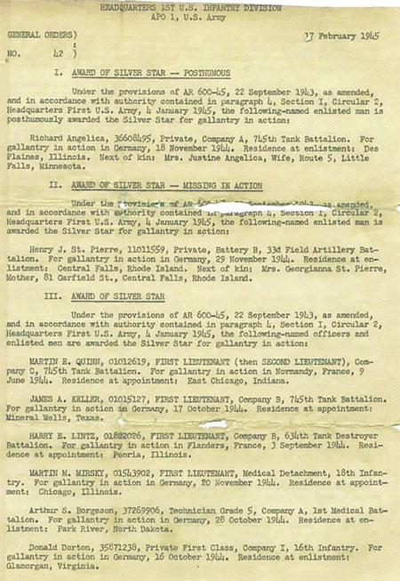 General Orders No. 42, dated 17 January 1945, detailing the award of Silver Stars to members of the 1st Infantry Division. 