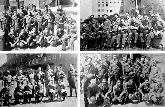 Series of pictures illustrating different sctions of the 107th Evacuation Hospital. Top L: Motor Pool personnel. Top R: Laboratory, X-Ray, and Pharmacy personnel. Bottom L: Headquarters and Medical Supply personnel. Bottom R: Detachment personnel.