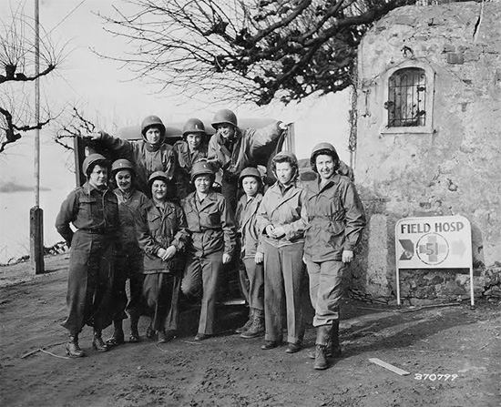 Group of Nurses of the 51st Field Hospital, first ANC personnel to have crossed the Rhine River. Photo taken 14 March 1945.