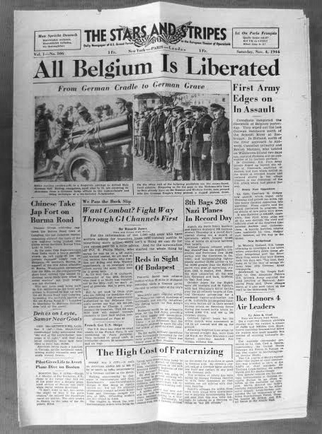 Vintage copy of The Stars and Stripes dated November 4, 1944, stating: All Belgium is Liberated.