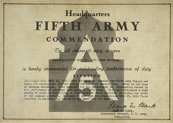 Copy of the official Fifth United States Army Commendation awarded to  Unit II, 11th Field Hospital by Lt. Gen. Mark M. Clark. 