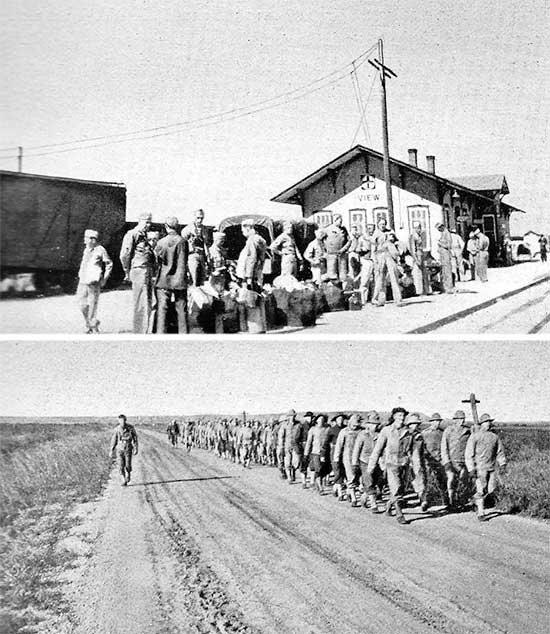 Top: Medical / Surgical Technicians of the 34th Evacuation Hospital at the View railway station, Texas, on their way to more specialized training at Fitzsimons General Hospital, Denver, Colorado. Bottom: Personnel of the 34th Evacuation Hospital on a road march, somewhere in Texas.