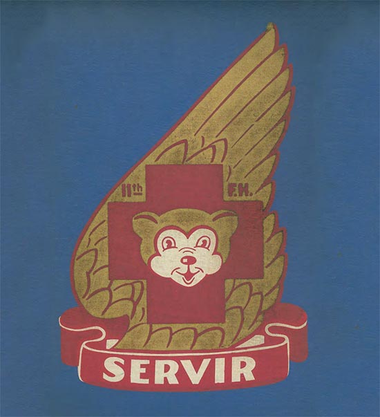 The Distinctive Insignia for the 11th Field Hospital was originally created by the Walt Disney’s Studios and approved 8 December 1942. It consisted of a gold wing bearing a maroon cross with a gold bear’s head caboshed, and a small title indicating 11th F.H. A maroon scroll with white lettering and motto SERVIR was attached below. The DI was rescinded in 1961 and later amended, redesignated and authorized for the 21st Combat Support Hospital, with a revised motto stating FEAR NOT.