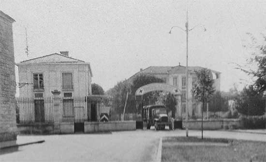 Main entrance of the 34th Evacuation Hospital, while established in a French Military Hospital at Verdun, France. Photo taken some time in September 1944.