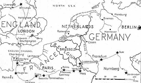 Operations Map illustrating the route taken by the 34th Evacuation Hospital during its stay in the European Theater of Operations.