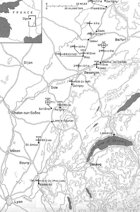 Partial map illustrating the advance and forward set up of Seventh United States Army Hospitals and Medical Supply Dumps in September 1944. In this period of time, Unit I, 11th Field Hospital was established near Saulx, in the Moselle region, France.