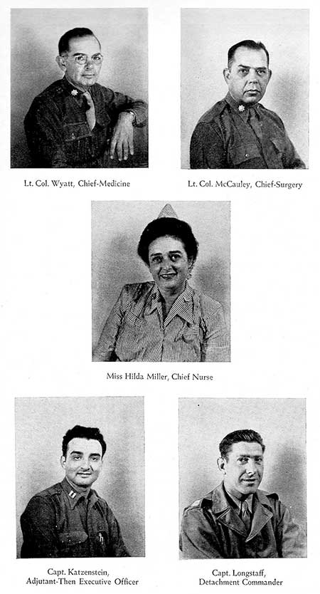  Vintage photograph illustrating some of the Staff of the 34th Evacuation Hospital. Lt. Colonel Arthur T. Wyatt; Lt. Colonel Ernest W. McCauley; Captain Hilda Miller; Captain Seymour Katzenstein; and Captain Ralph S. Longstaff, Jr. 