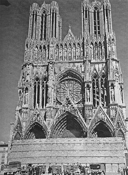 Vintage photograph of the famous Reims Cathedral, France. Part of a major tourist attraction, the place was visited by numerous soldiers during passes at the end of the war.