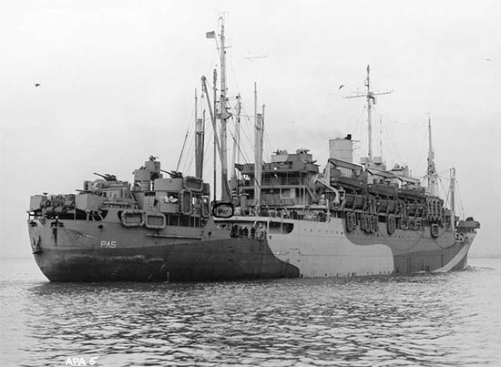 Vintage photo illustrating USAT “Barnett”, APA-5. Unit II, 11th Field Hospital, boarded the ship on 9 August 1944, which would set sail for Southern France, leaving the Port of Naples, Italy, on 13 August, in order to participate in Operation “Dragoon”.