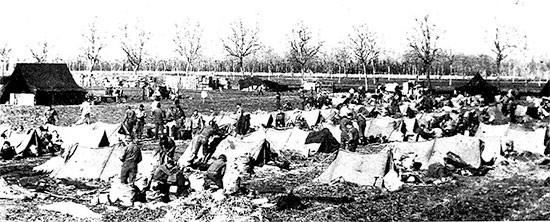 Picture illustrating the Enlisted Men’s bivouac site at Caivano. The 56th Evacuation Hospital remained in its staging area from January 20 to January 24, 1944, while preparing for their journey to the Anzio Beachhead. 