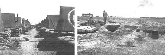 Picture illustrating some aspects of the 56th Evacuation Hospital area on the Anzio Beachhead. Left: ANC tented quarters; right: some of the Officers’ foxholes. 