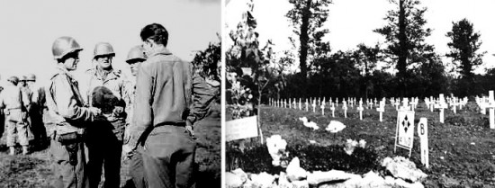 Utah Beach operations. From L ro R: 1st Engineer Special Brigade Officers confer with 1st Lieutenant Neal F. Raker, Fourth Platoon Leader, 607th QM GR Co, June 7-8, 1944. Sainte-Mère-Eglise Cemetery; Plot B reserved for 4th Infantry Division dead.