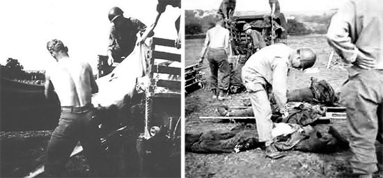 Photographs illustrating 607th QM GR Co personnel at work. Left photo; 607th QM GR Co Collecting Point near Fosses-la-Ville Cemetery. From L to R: Private First Class Lewis C. Farrow and in the truck, Sergeant Harold W. Bell. Right photo; processing a group of German dead at Fosses-la-Ville Cemetery # 2.
