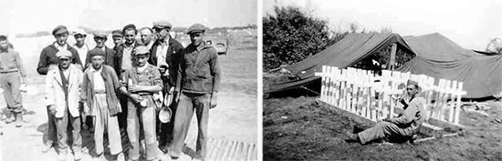 Burial operations. Left photo: group of French civilians, part of a burying detail, used to supplement American personnel (they would eventually be reinforced by German PWs). Right photo: unknown Private painting wooden crosses for the cemetery.