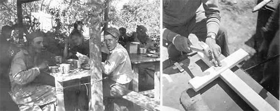 Daily occupations. Left photo: personnel of the 607th QM GR Co having chow at St-Laurent-sur-Mer Cemetery. Right photo: member of the 607th QM GR Co nailing a Dog Tag onto a wooden cross (preliminary identification of individual grave).