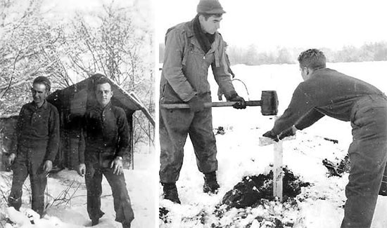Establishing, collecting and burial operations at Henri-Chapelle Cemetery. Left photo; from L to R: Private Eugene R. Worley and Sergeant Elwain Crawford. Right photo: from L to R: Private First Class William L. Tollefson and Private Garland E. Robinson erecting wooden crosses. 