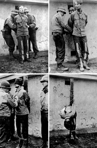 Execution by firing squad of Germans caught wearing American uniforms following the outbreak of the enemy counter-offensive in the Belgian Ardennes. Following trial on December 21, the enemy PWs were executed near Henri-Chapelle Cemetery December 23, 1944 and their bodies processed by members of the 607th QM GR Co. More prisoners were tried and executed respectively on December 26, December 31, 1944, and January 13, 1945.