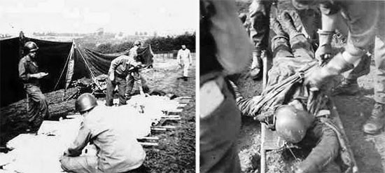 Collecting and burial operations at Fosses-la-Ville Cemetery. Left photo; 607th QM GR Co personnel processing American dead at Fosses-la-Ville Cemetery # 1. Right photo; personnel identifying and processing German dead at Fosses-la-Ville Cemetery # 2.