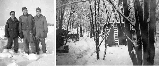 Winter operations at Henri-Chapelle Cemetery. Left photo; from L to R: Sergeant Michael B. Dimattia, Private Edward D. Gellenbeck, and Private James F. McWorther. Right photo; temporary wooden huts set up by 607th QM GR Co personnel near the Cemetery.