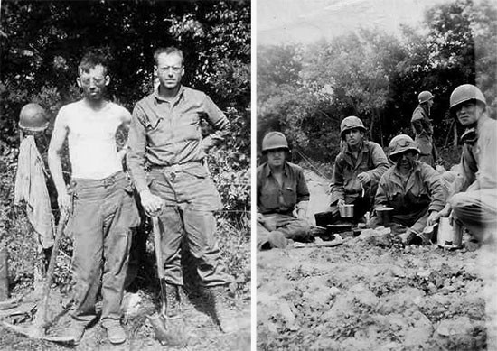 Omaha Beach operations. From L to R: Sergeants Carroll K. Moore and Luvern C. Whitson take a short rest. Second Platoon personnel having chow while serving on Easy Red Beach June 8, 1944. From L to R: Private First Class Nick H. Cobble, Technician 5th Grade Herculano E. Esquibel, Technical Sergeant Norman L. Beadles (rear), Private Eugene R. Worley, and Private First Class John D. Little (far right).