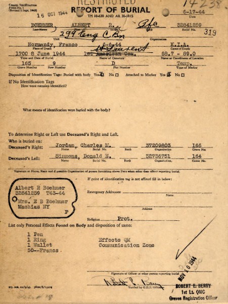 Photograph illustrating Graves Registration Form No. 1, dated June 17, 1944, filled out by First Lieutenant Robert E. Berry, Third PLatoon Leader, 607th QM GR Co.
